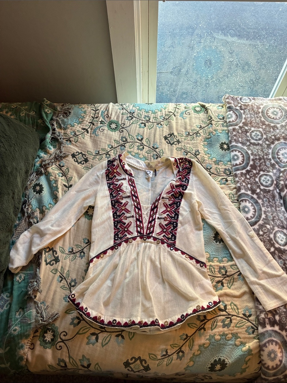 Boho Embroidered Peasant Top - Cream with Burgundy Accent